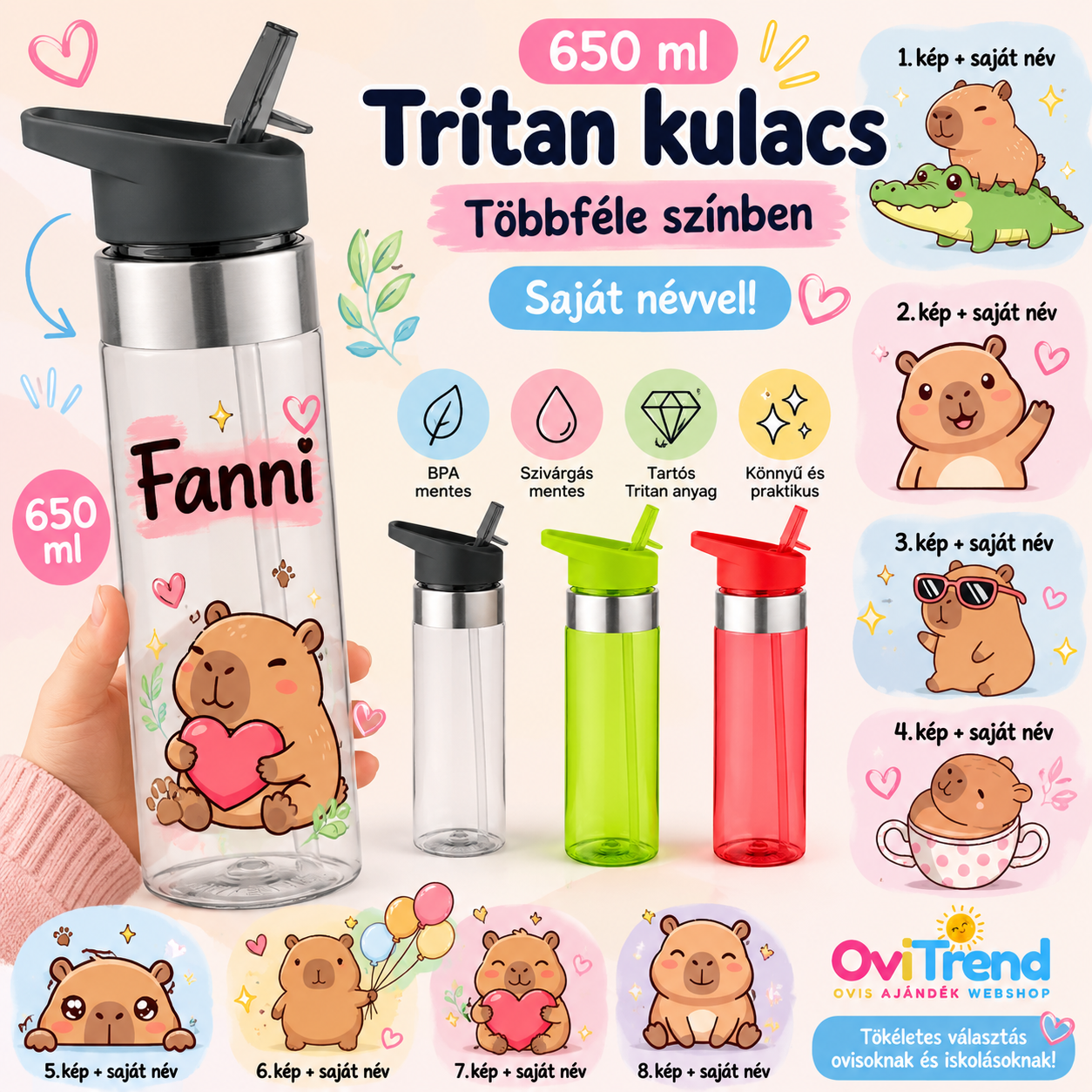 ovis kulacs, capybaras, többféle mintával és többféle színben, egyedi névvel!